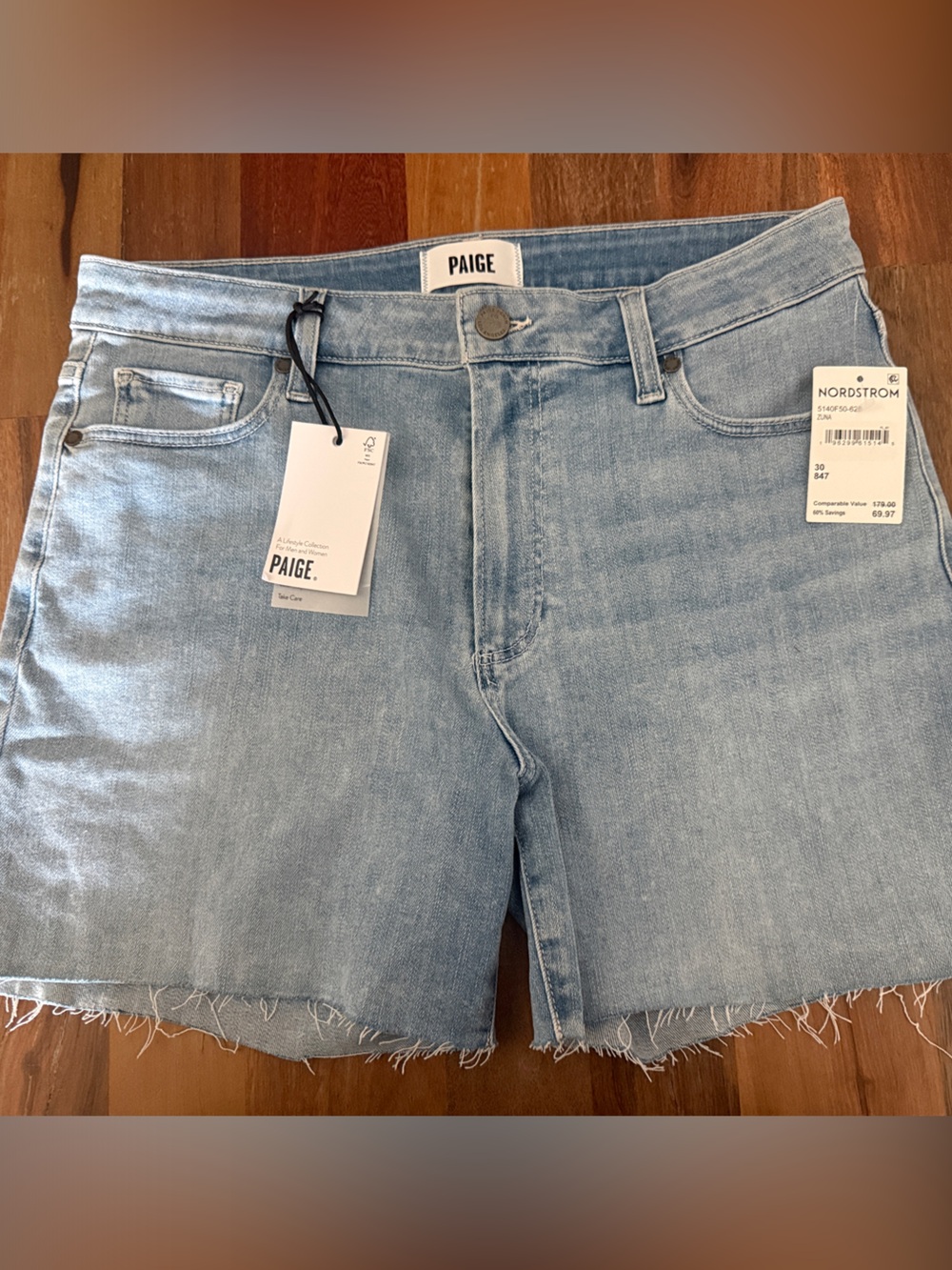 PAIGE Light Blue Frayed Hem Denim Shorts